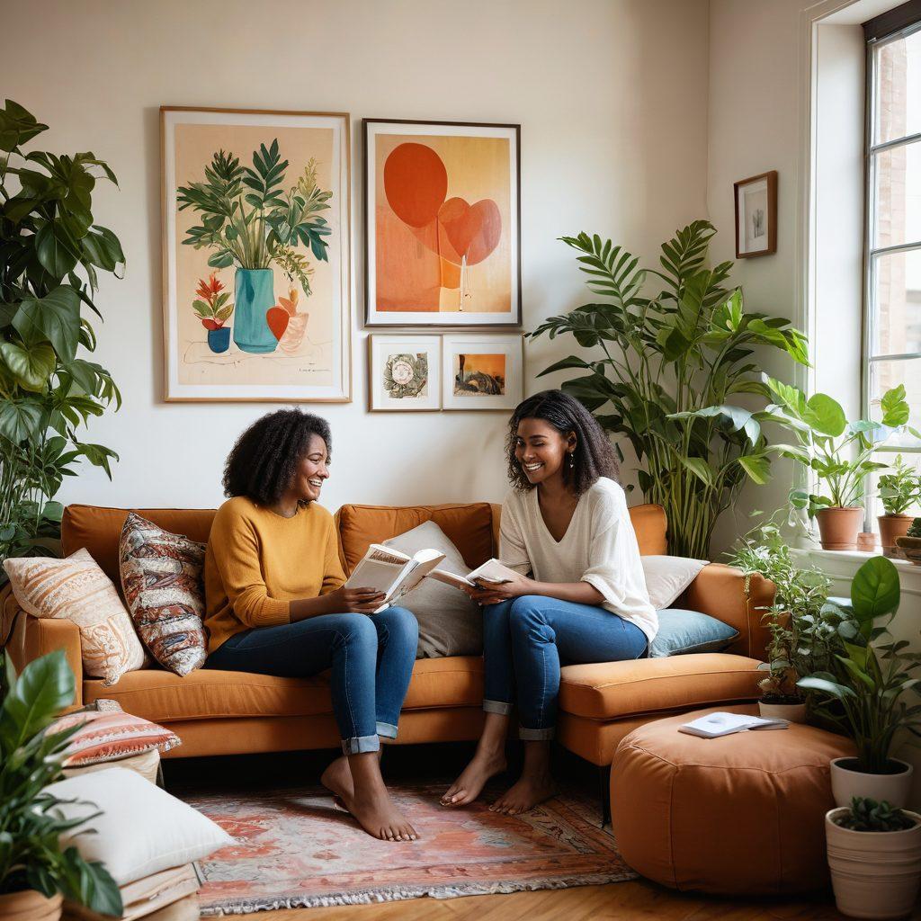 A warm and inviting scene of two diverse individuals sitting together in a cozy, light-filled room, engaged in deep conversation and laughter. Surround them with symbols of intimacy and trust, such as plants, soft pillows, and art that represents connection. Include subtle hints of sexuality, like tasteful abstract art or closed books on the topic of love and intimacy nearby. The atmosphere should feel nurturing and supportive, highlighting the beauty of emotional bonds. vibrant colors. cozy interior. super-realistic.